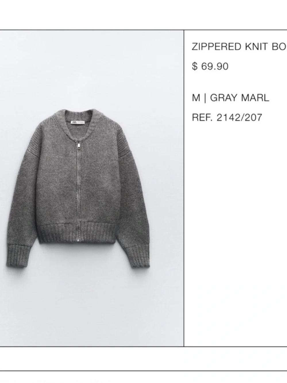 Zara Zippered Knit Cardigan Bomber Jacket Gray Silver Boxy Sweater Size S